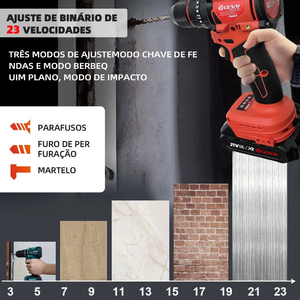 【GENAI】Brushless Furadeira Parafusadeira 3/8" a bateria 21V Com Impacto Profissional 1750r/min 65N.m Broca Bits Maleta · foto 2