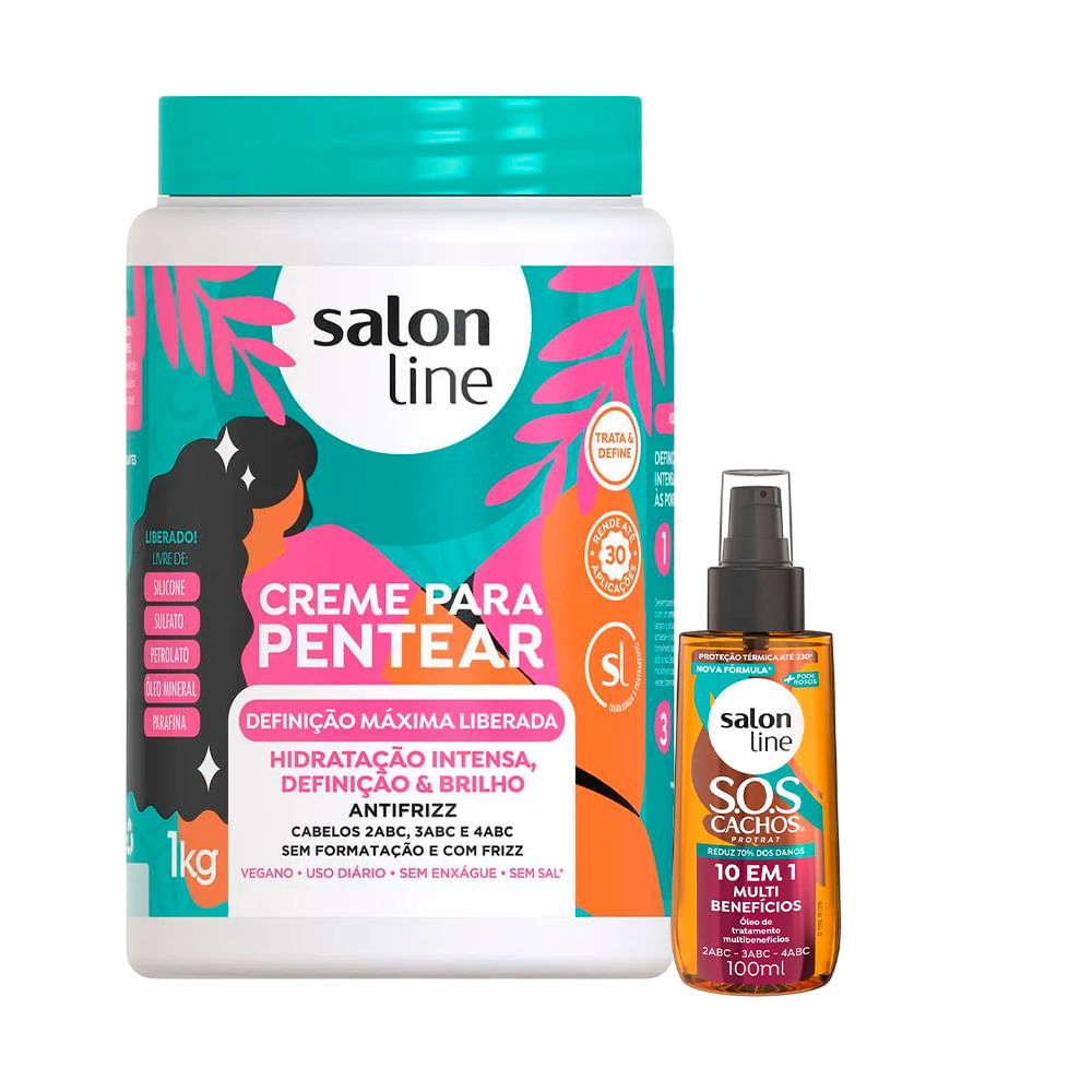 Kit Salon Line Creme De Pentear Definição Máxima Liberado 1Kg + Óleo Capilar SOS 10 em 1 100ml
