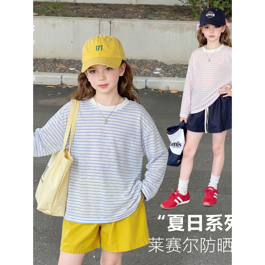 Crianças listrado protetor solar blusa verão novo estilo leve manga comprida camiseta respirável meninas moda solta list