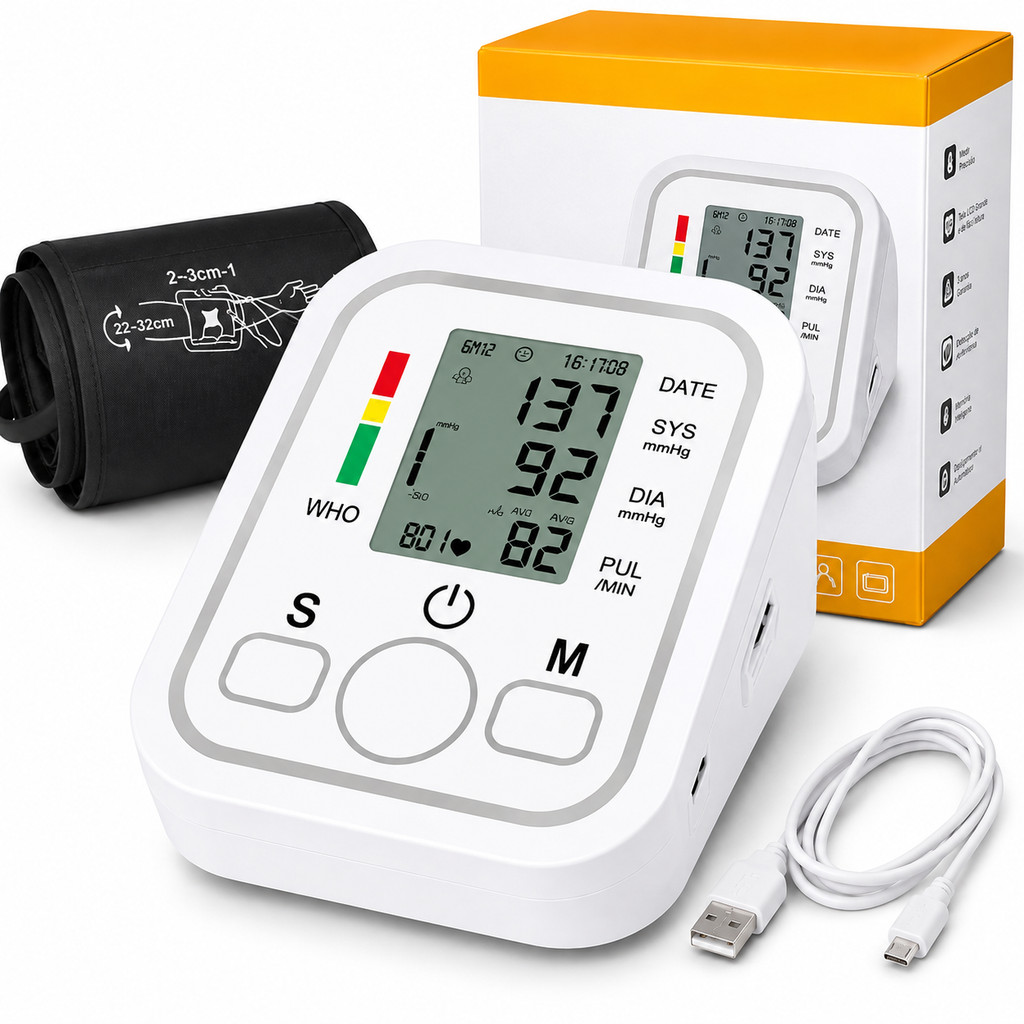 Medidor de Pressão Arterial Digital de Braço Automático Monitor Cardíaco LCD com USB