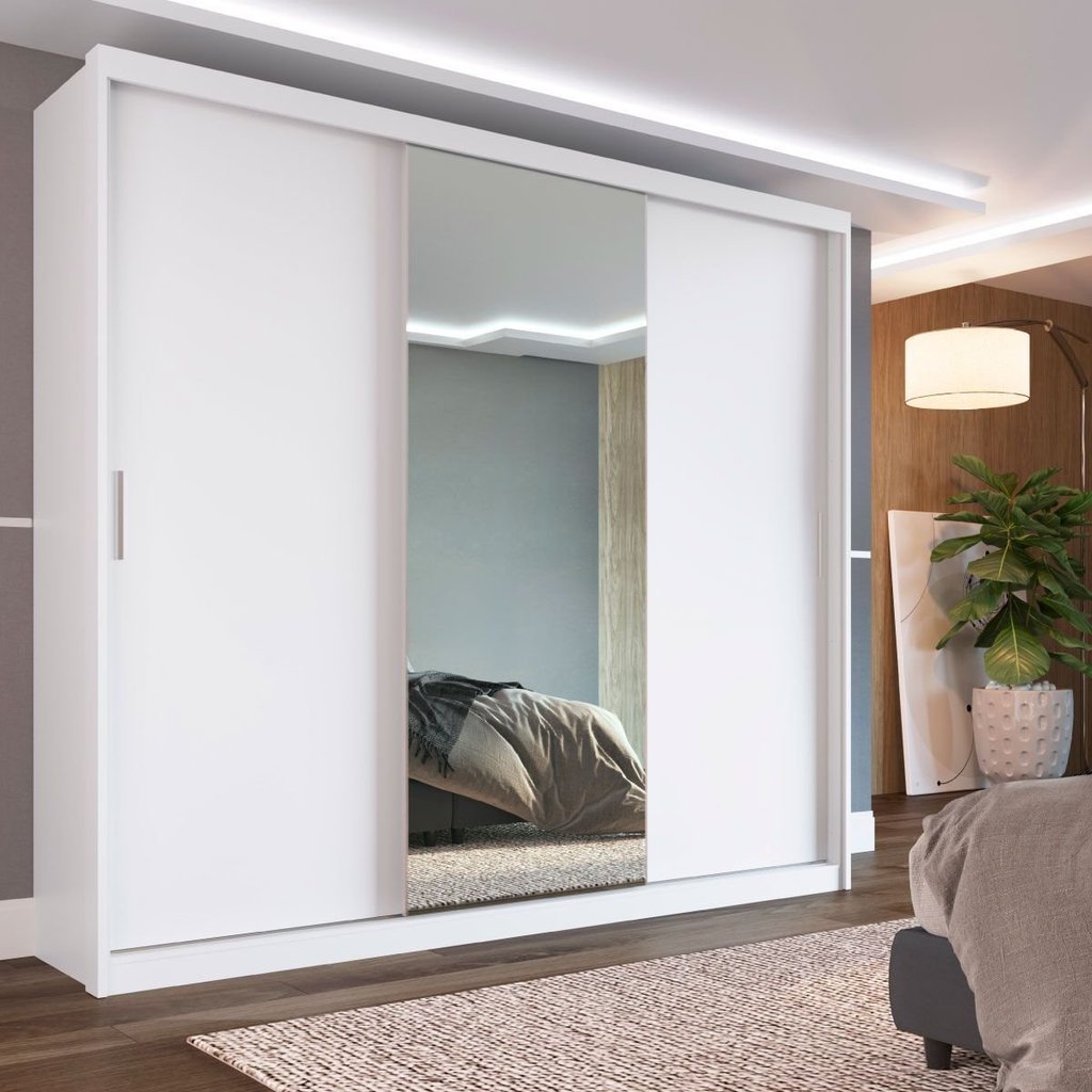 Guarda Roupa Casal com Espelho 3 Portas de Correr 100% MDF London Branco Yescasa Branco