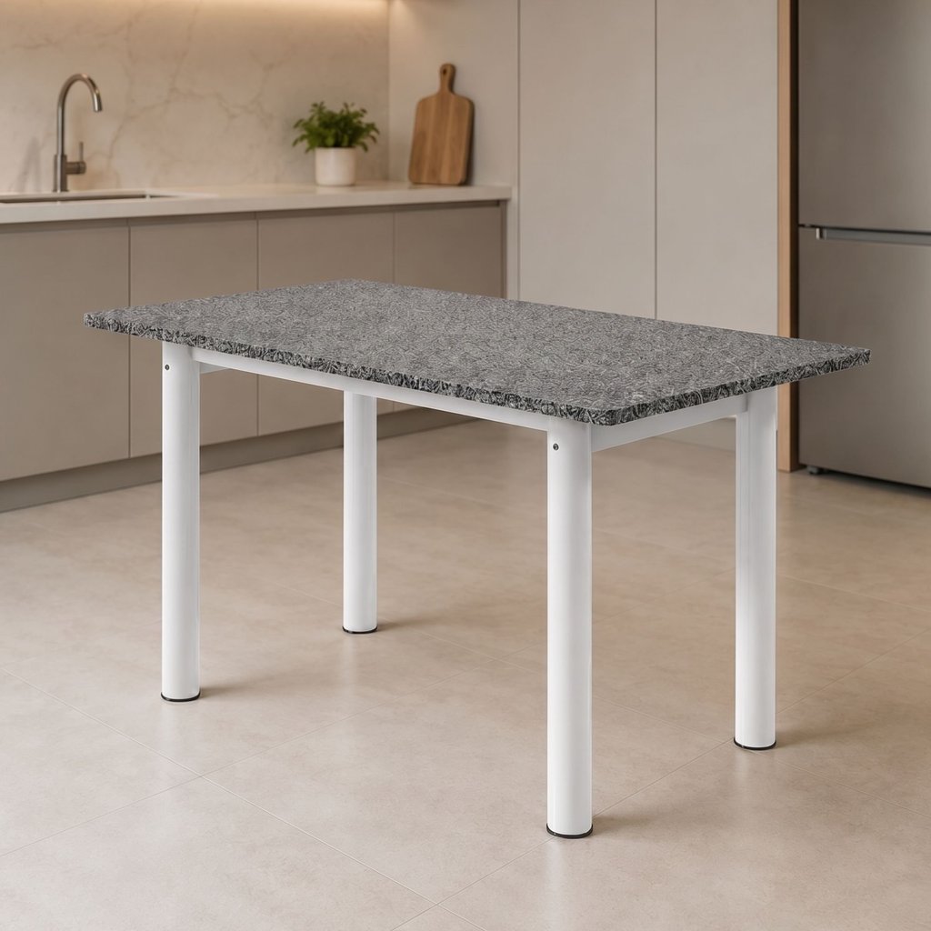 Mesa de Jantar Retangular 6 Lugares Tampo de Granito e Aço 140x75cm Branco Ocre/Branco