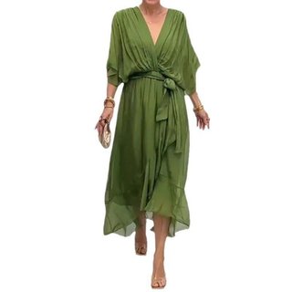 Vestido longo feminino de cor sólida com manga morcego e decote em V 2026 JR4U