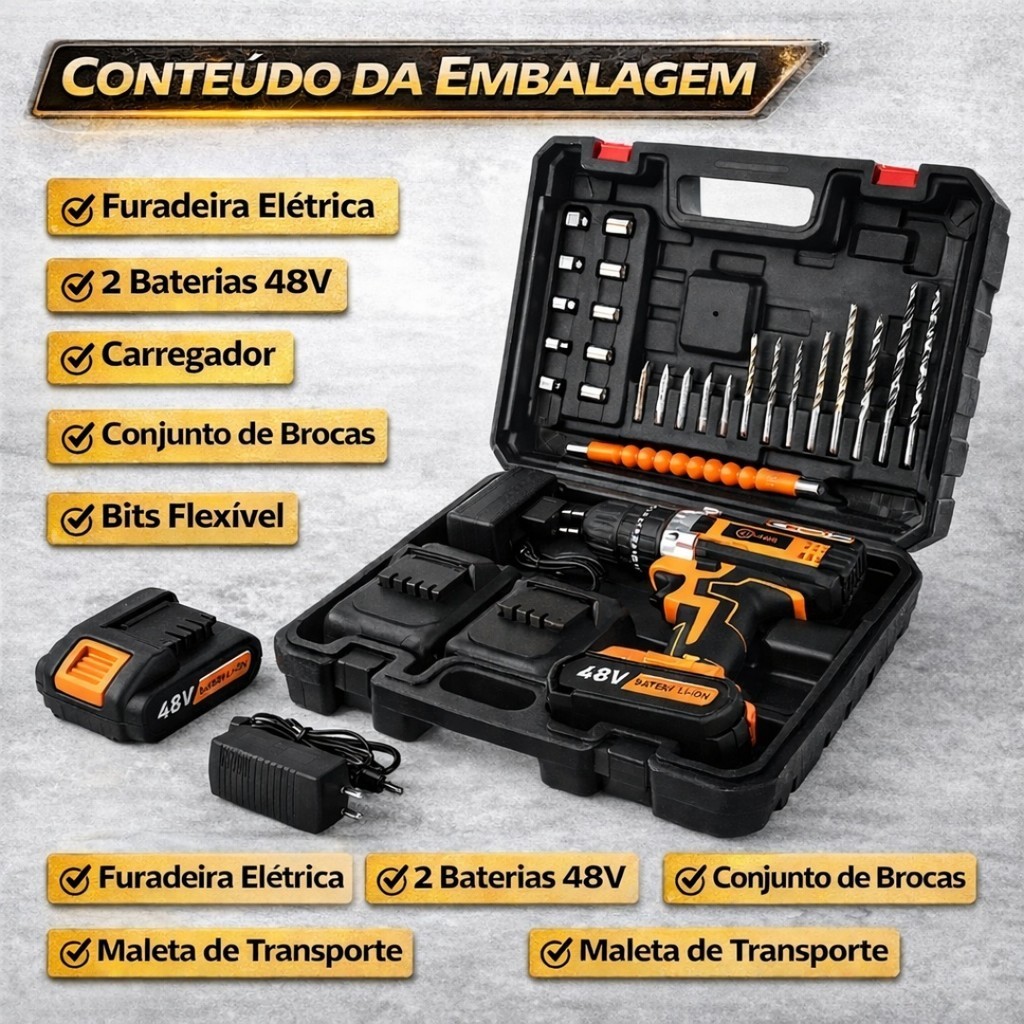 Furadeira Parafusadeira Bivolt Sem Fio 48V Impacto com 2 Baterias Recarregáveis · foto 2