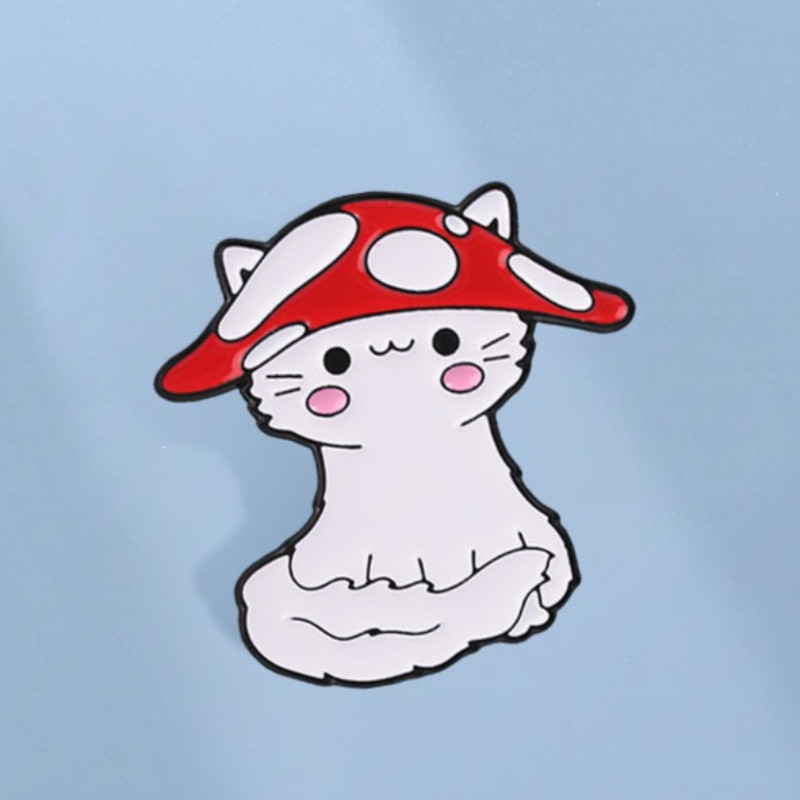 Bonito Cogumelo Gato Esmalte Pino Kawaii Gatinho Com Vermelho Toadstool Chapéu Broche Lapela Emblemas Mochila Acessórios