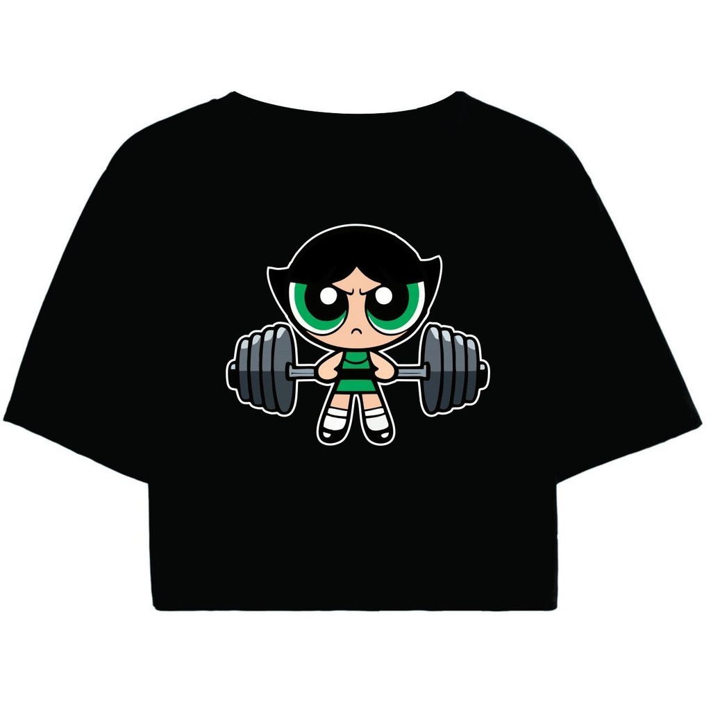 Cropped Feminino Meninas Super Poderosas Preto Fitness Academia Estampado 100% Algodão Casual Confortável Oversized