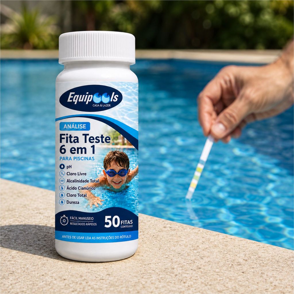 Fita Teste 6 em 1 Para Piscina Equipools 50 Unidades Tiras Medição Parâmetros Ph Alcalinidade Total