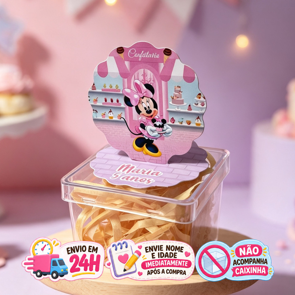 Aplique em Pé 3D Minnie Confeiteira Personalizado Lembrancinha Festa Infantil Kit 10 a 50 unidades