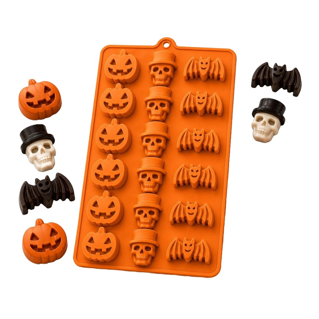 Forma de Silicone Chocolate Tema Halloween Abóbora, Caveira e Morcego Decoração Doce Gourmet