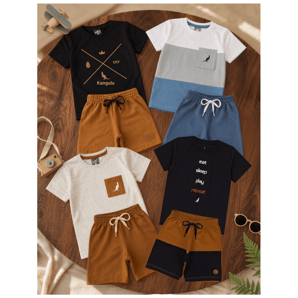 Kit 4 Peças Infantil Menino Verão, 2 Conjuntos com Camiseta e Bermuda, Roupa Infantil de Algodão, Tamanhos 1 a 12 Anos