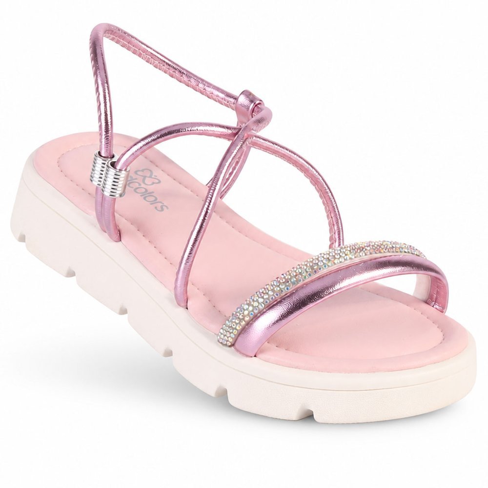 Sandália Infantil Menina WorldColors Rosa Metalizado com Solado Off White Tratorado e Tiras com Strass