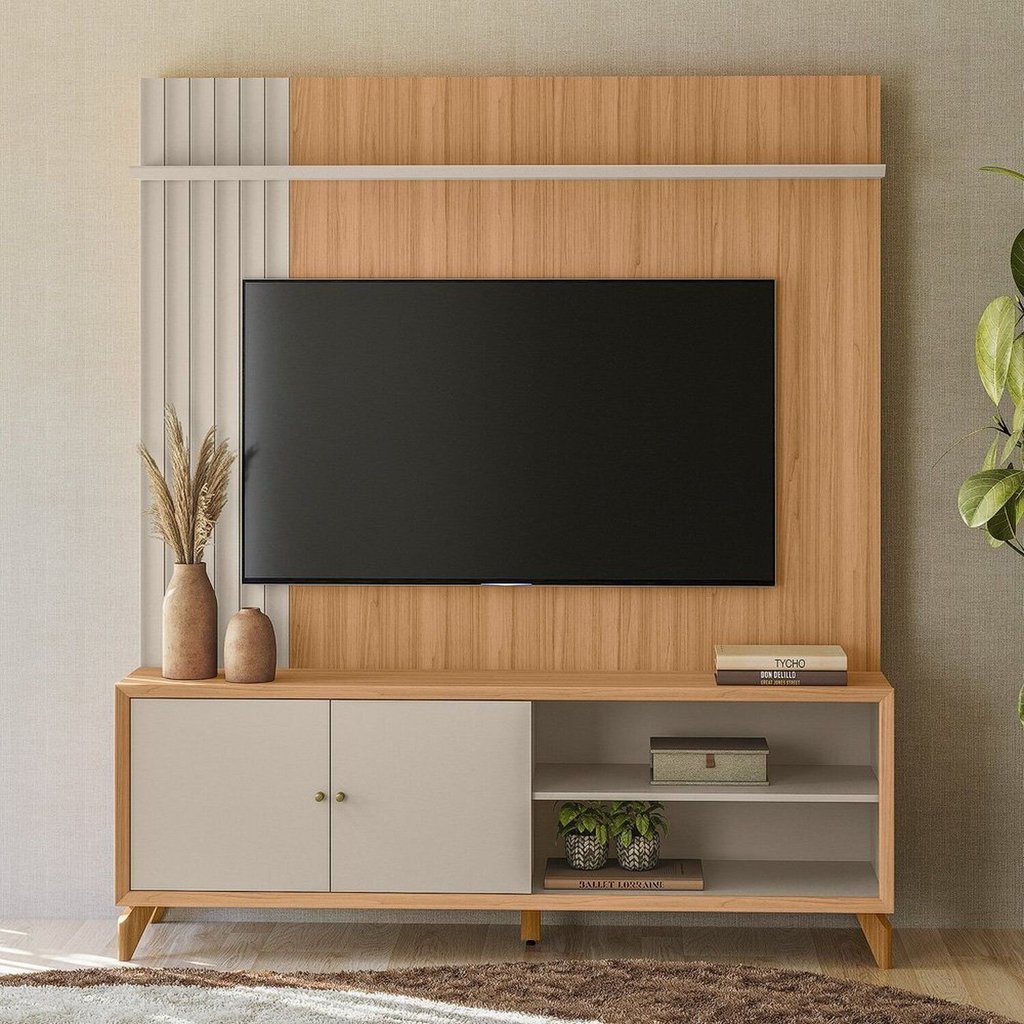 Estante para TV e Home Theater MDF 162,2cmx187,2cm Pés em Madeira Maciça Valença 65 Linea Brasil Bege Jequitibá/Off