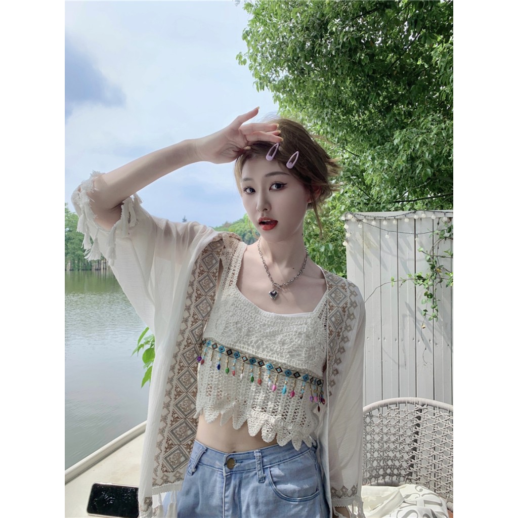 Estilo boêmio viagem Wear terno de verão feminino borla oco colete estilo étnico protetor solar xale terno de duas peças