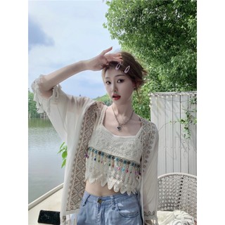 Estilo boêmio viagem Wear terno de verão feminino borla oco colete estilo étnico protetor solar xale terno de duas peças