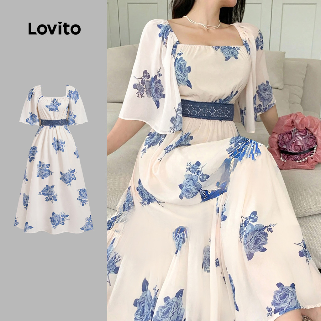 Lovito Floral Elegante Vestido de Renda Bloco de Cores Primavera/verão Vestido Azul e Branco Delicado Feminino Bordado LBL27028