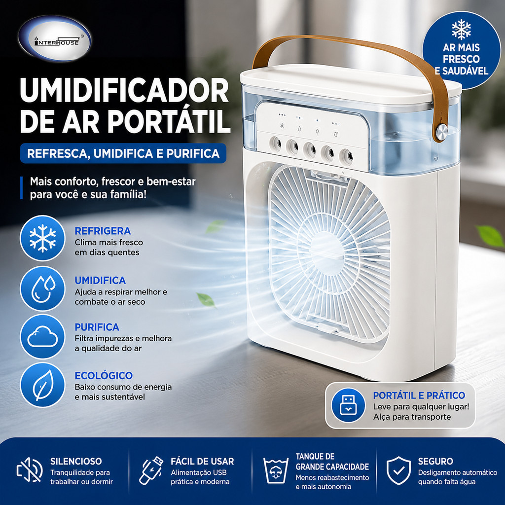 Imagem Umidificador de Ar Portátil com Ventilador USB Climatizador Mini Refrigerador Silencioso com Reservatório