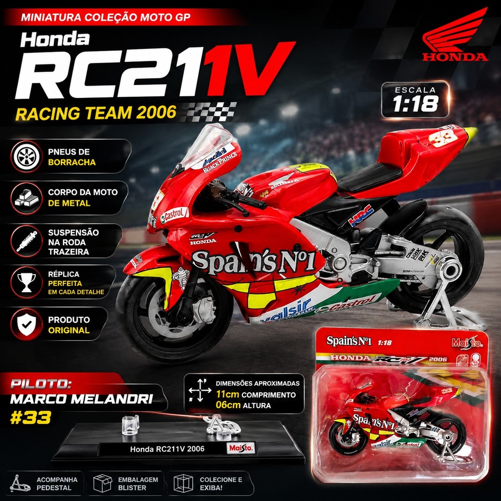 Miniatura Coleção Moto Honda RC211V Ano 2006 Moto GP 33 Marco Melandri Escala 1/18 Maisto de Metal