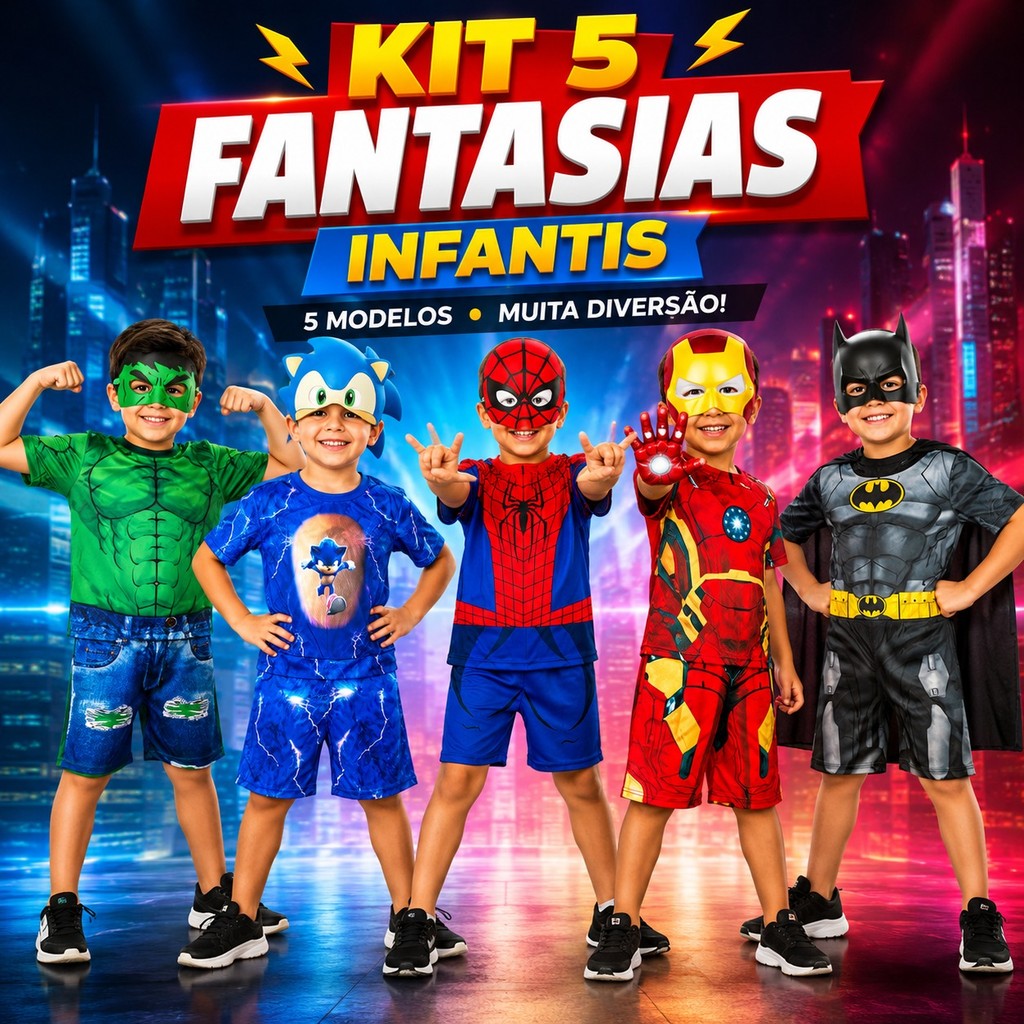 Kit com 3 Fantasias Infantis Masculinas com Máscara Curta para Festa Infantil