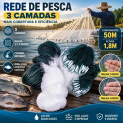 Rede De Pesca 3 Camadas Malha Dois E Quatro Dedos Altura 1,8m Comprimento 50m Peso Chumbo Redondo