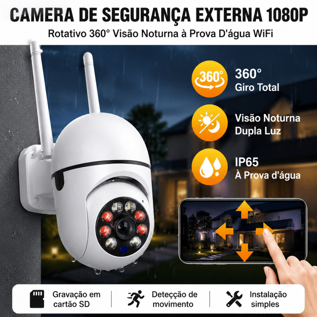 v720 Câmera Segurança Wi-Fi 1080P 360° Rotação, Visão Noturna, Áudio Bidirecional, Impermeável para Casa
