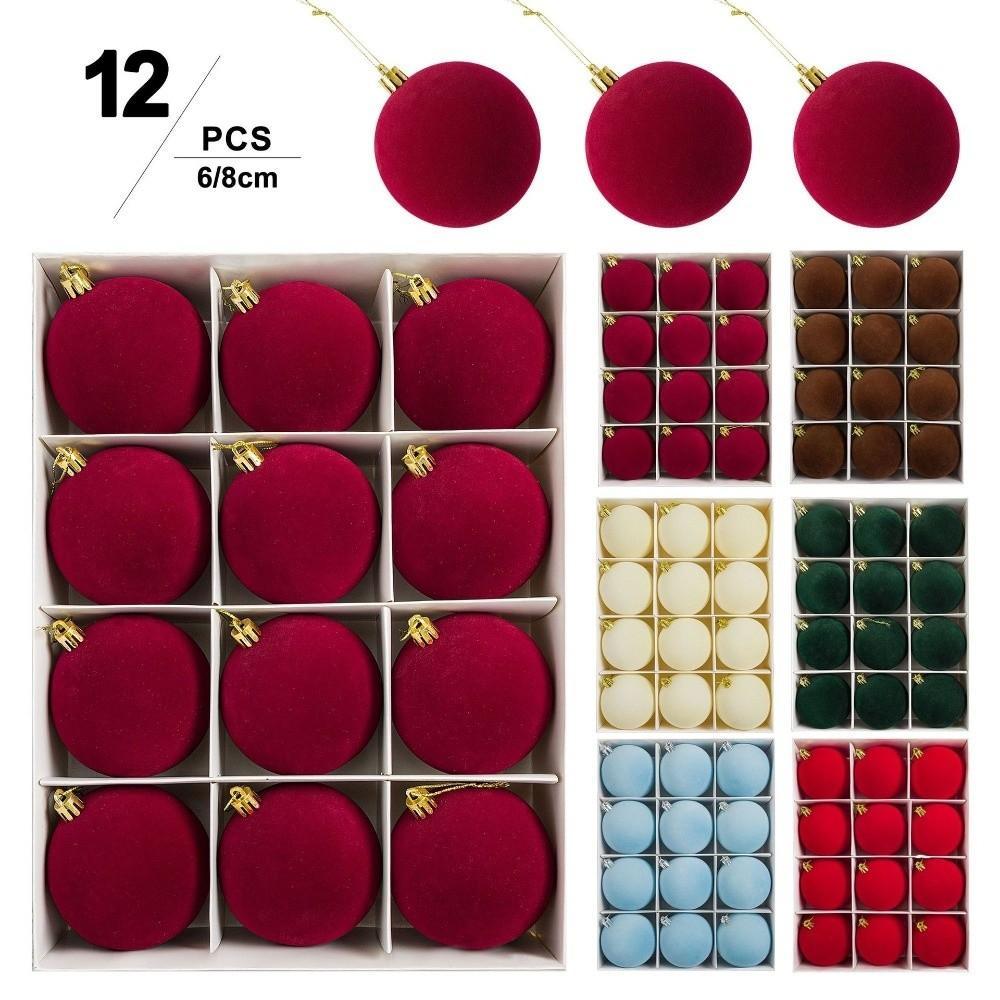 12 Peças Bola de Natal Flocada 6cm Vermelho Dourado Enfeites para Árvore Decoração Festa
