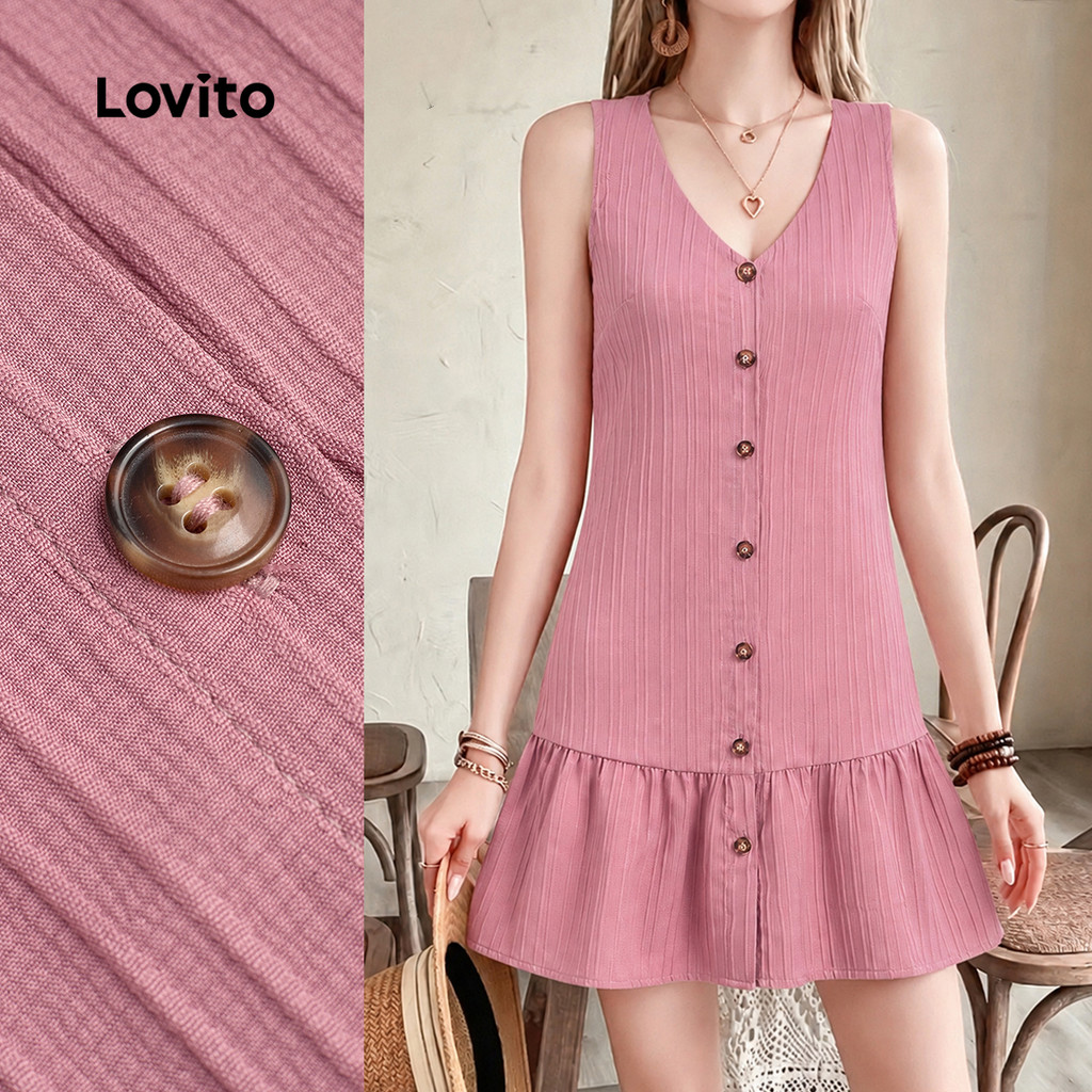 Lovito Vestido Casual Cinza Rosa com Botão Casual e Confortável para Mulheres primavera/verão DRB199P2D362