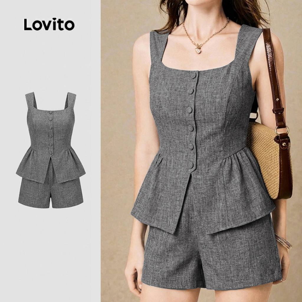 (New Arrival) Lovito Tops ou Calças Casuais Alças Largas com Elástico Conjunto Cinza de para mulheres L198ED240