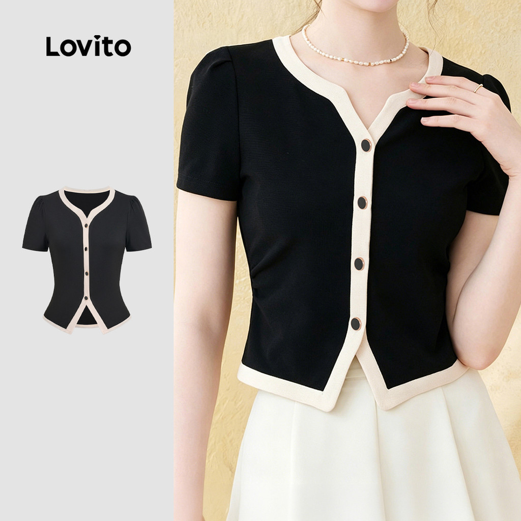 Lovito Camiseta Elegante Colorblock Botão Fenda Frontal Primavera/Verão Preto e Branco Feminina L199ED499