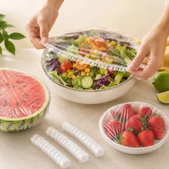 Kit 100 Tampas Plásticas Descartáveis com Elástico para Alimentos, Pratos e Recipientes