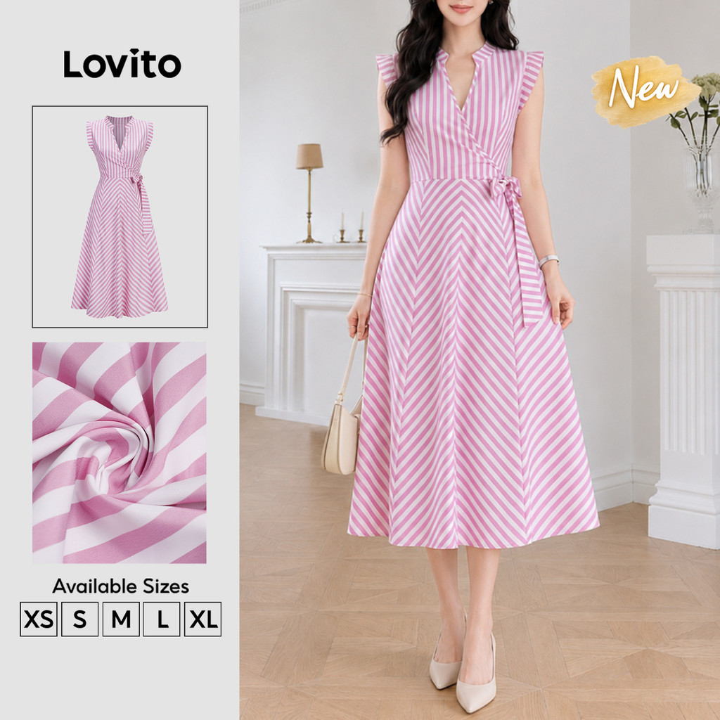 (New Arrival) Lovito Elegante Vestido Midi Evase Rosa E Branco Listrado Renda Amarração Primavera Verão Trabalho Para Mulheres DRB204P1D426