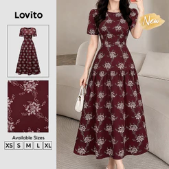 (New Arrival) Lovito Elegante Vestido Longo Evase Estampa Corrente Zíper Detalhes Estruturais Primavera Verão Trabalho Para Mulheres DRB205P2D171