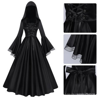 Vestido de Dança de Bruxa Negra Medieval Gótico Renascentista com Capuz Saia Longa Europa América Tamanho Grande MZPQ TM