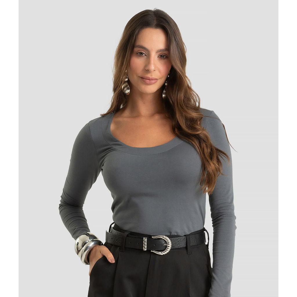 Blusa Feminina Manga Longa Em Cotton Leve Dianna Cinza