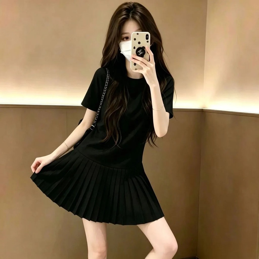Um pouco gordo MM francês simples vestido plissado tamanho grande feminino vestido de verão mais magro olhar redução de 