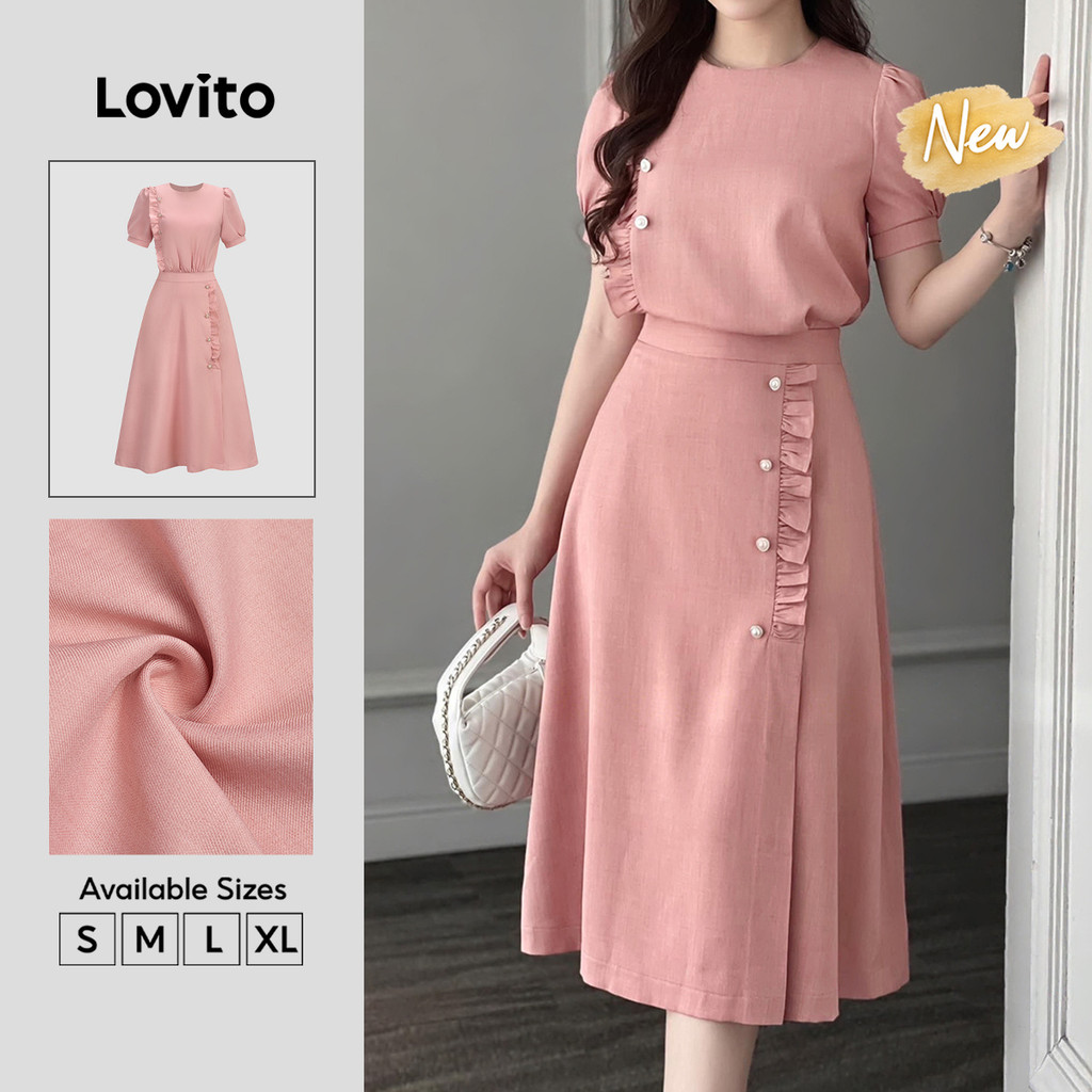 (New Arrival) Lovito Casual Vestido Longo Flare Rosa Babado Botão Assimétrico Férias Primavera Verão Para Mulheres DRB39BR038