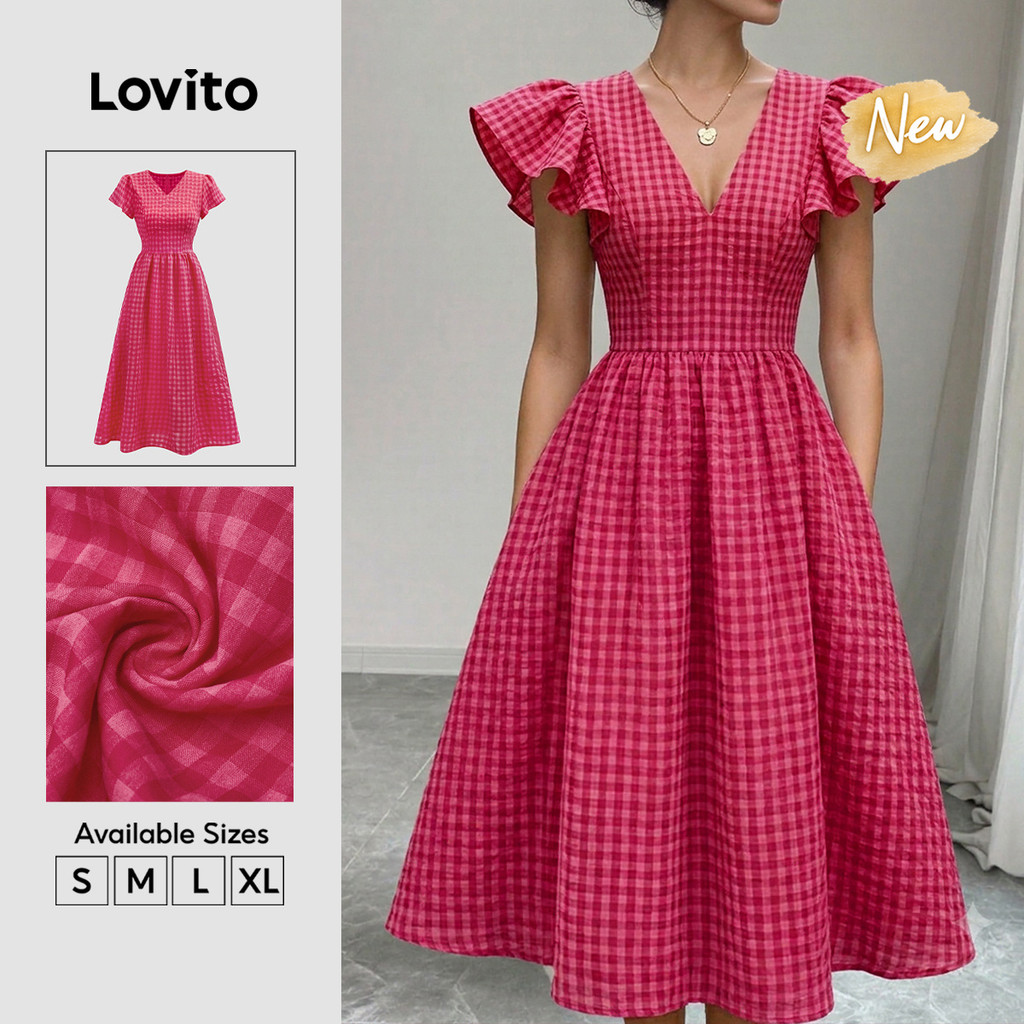(New Arrival) Lovito Vestido Feminino Vermelhorosa Xadrez Vichy Longo evasê Com zíper Casual/trabalho primavera/verão DRB39BR202