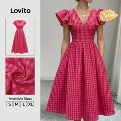 (New Arrival) Lovito Vestido Feminino Vermelhorosa Xadrez Vichy Longo evasê Com zíper Casual/trabalho primavera/verão DRB39BR202