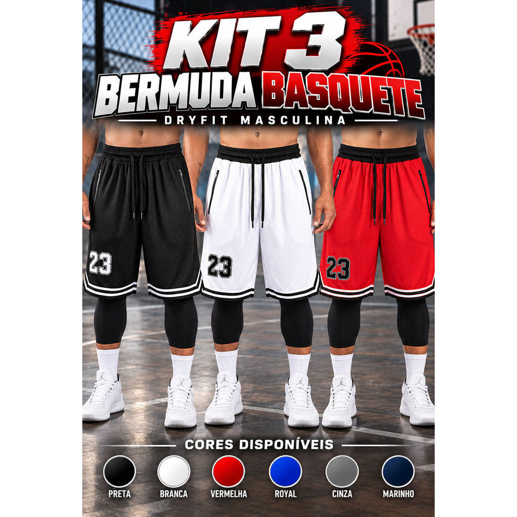 Kit 3 Bermudas Drifyt Basquete Masculina Academia Leve e Respirável