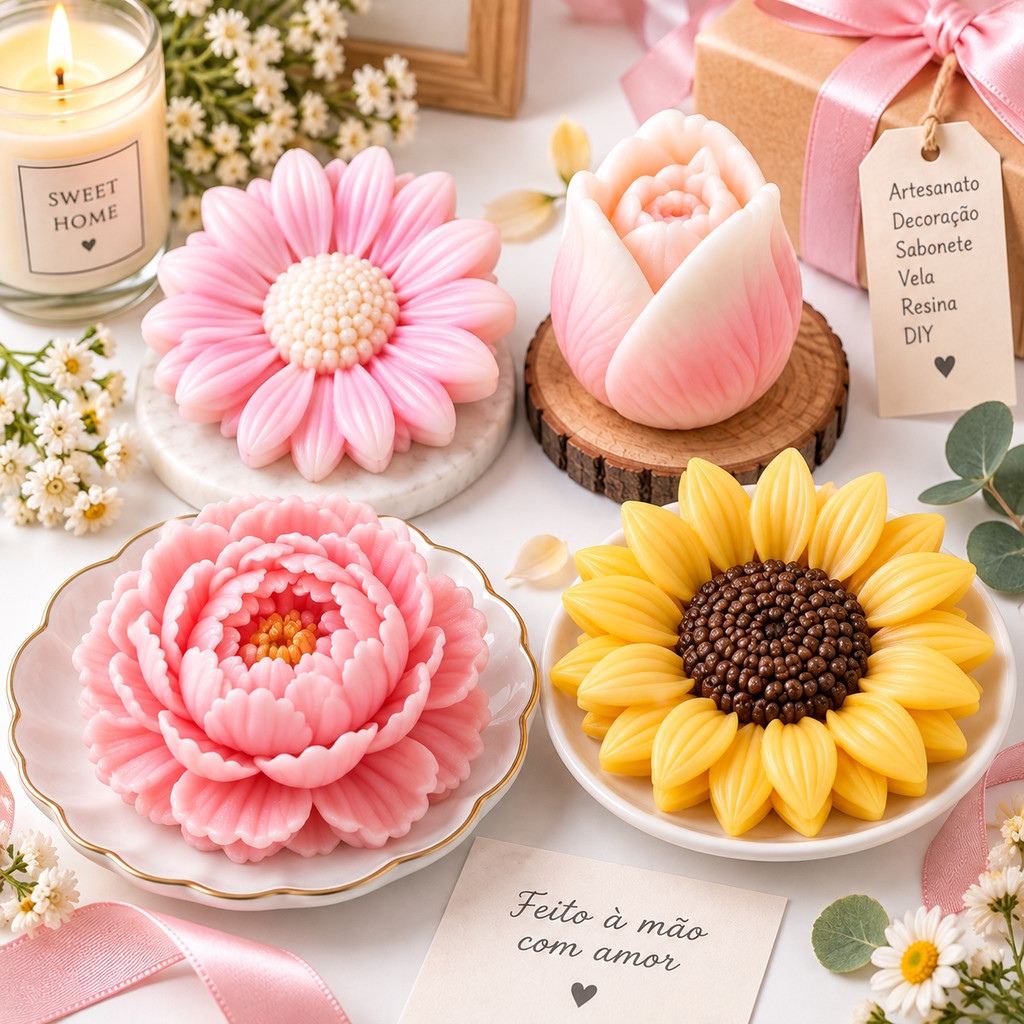Kit 4 Moldes de Silicone Flores 3D Crisântemo Peônia Rosa Girassol para Sabonete Chocolate Bolo Artesanato