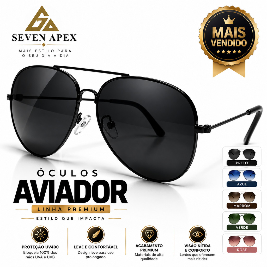 Óculos de Sol Aviador Masculino Feminino UV400 Premium Classico Unissex