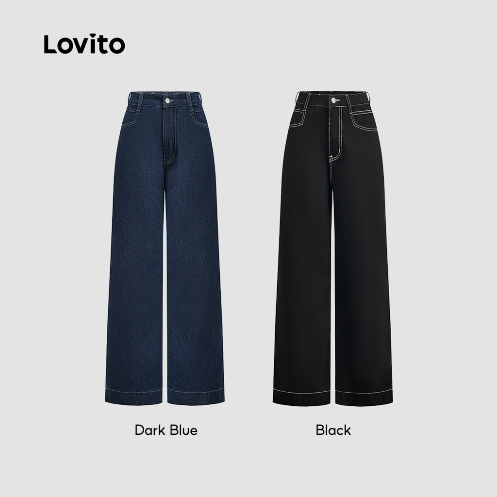 Lovito Casual Jeans Feminina Calça Bordada com Bolso Laço Larga e Solta Azul Escuro L135AD1218