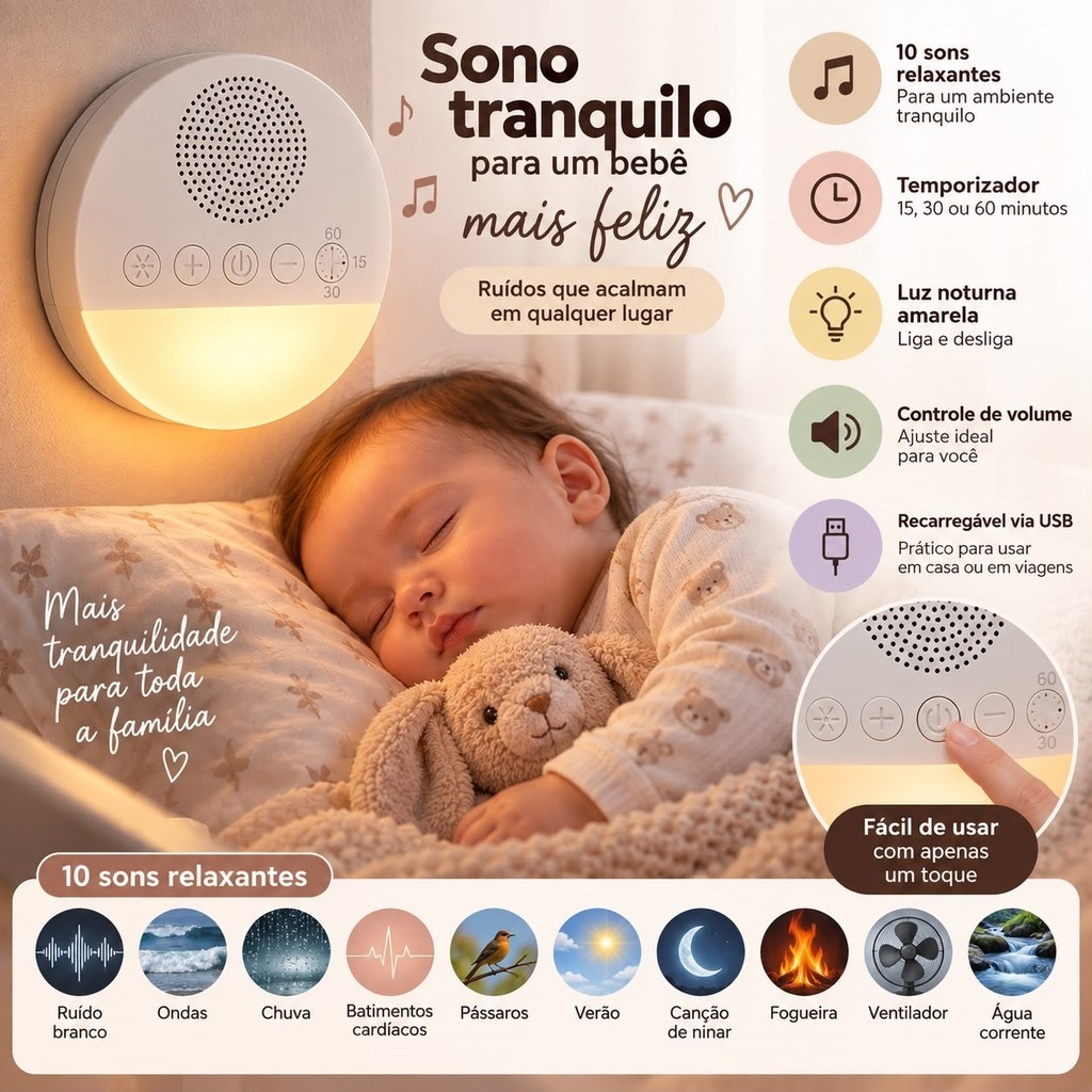 Aparelho Máquina de ruído branco Calmante Bebê Sono Relaxamento USB Recarregável luz noturna