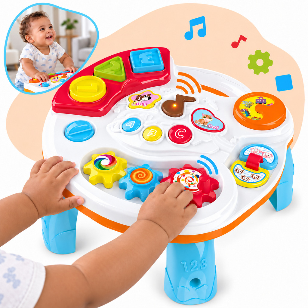 Mesa de Atividades Educacional Infantil 2 em 1 Som Luz Engrenagens Formas de Encaixe Pés Removíveis Kizumba