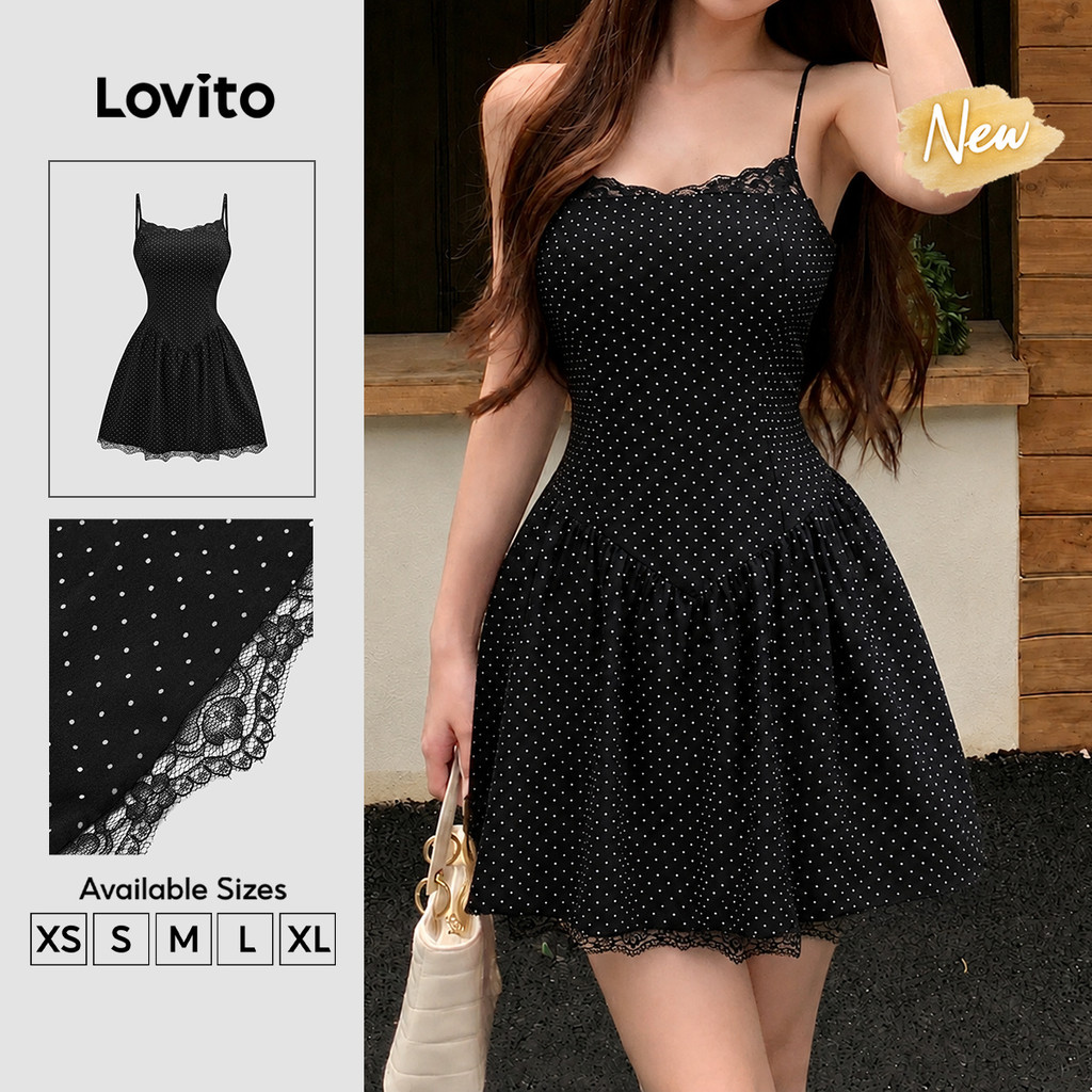 (New Arrival) Lovito Vestido Preto Feminino Casual De Renda Gola Com Babados Drapeado Mini evasê primavera/verão Bordado DRB204P1D293