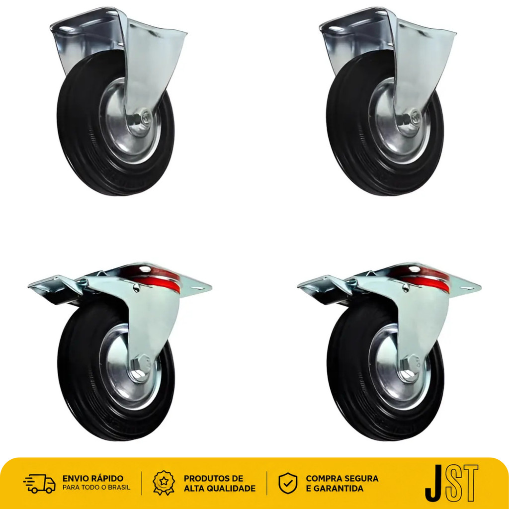 Kit 4 Rodízios 4 Pol 100mm 280kg 2 Fixos 2 Giratórios com Trava JST