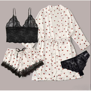Pijama feminino, conjunto de 4 peças, com estampa de coração e bolinhas, em seda, design sensual, VUOB.