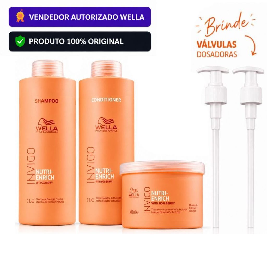 Kit Wella Profissional Invigo Nutri-Enrich Original | Shampoo 1L + Condicionador 1L + Máscara 500g | BRINDE VÁLVULAS