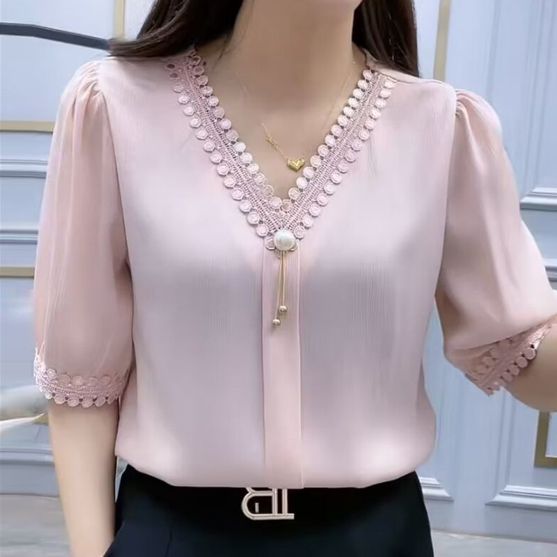 Blusa De Deslocamentoverão casual Gelo Seda chiffon Camiseta De Manga Média , Decote Em V Feminino