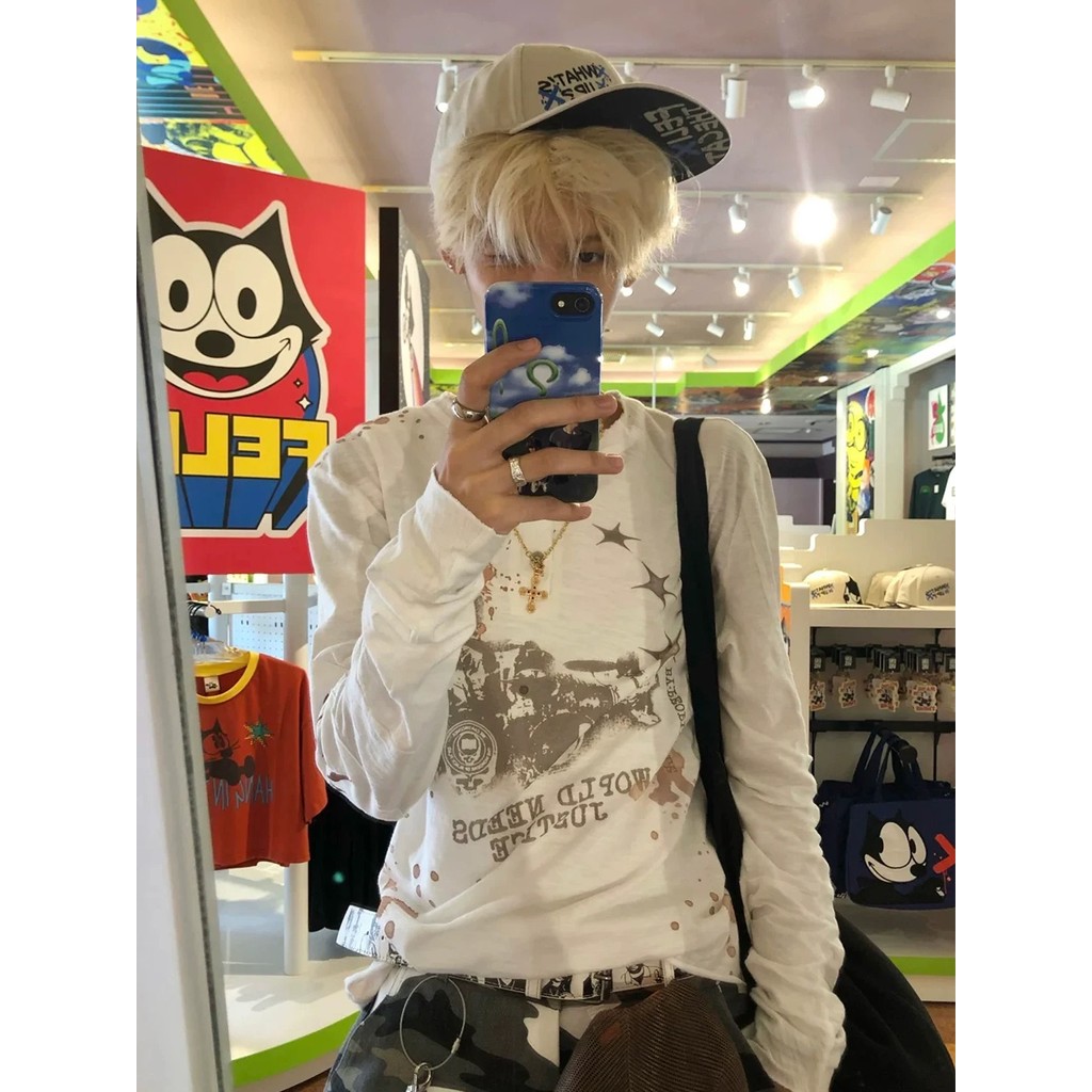 Camiseta masculina de manga comprida com gola Henry americana, primavera outono, fina, retrô, injeção direta, estampada,