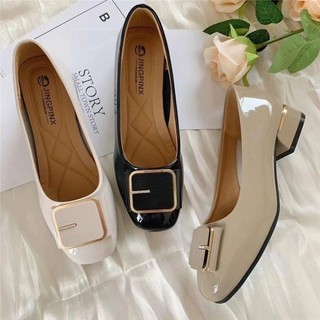 Primavera outono novo estilo dedo do pé quadrado salto grosso deslizamento-em pequenos sapatos de couro feminino versão 